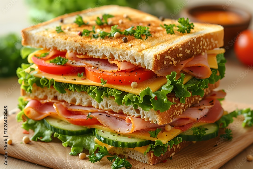 Gourmet Sandwich with Fresh Vegetables and Ham for Healthy Lunch Ideas Gourmet Sandwich with Fresh Vegetables and Ham for Healthy Lunch Ideas