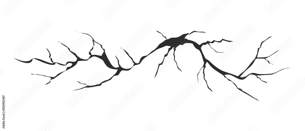 Naklejka premium Cracked glass, wall, egg, fissures in ground top view. Concrete, crevices from disaster, surface from earthquake, Ruined breaked land surface doodle, hand drawn