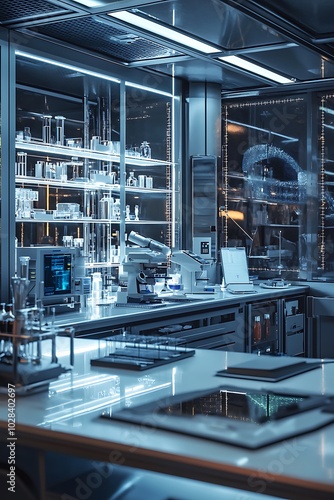 Modern scientific lab with equipment organized on shelving and counter spaces.