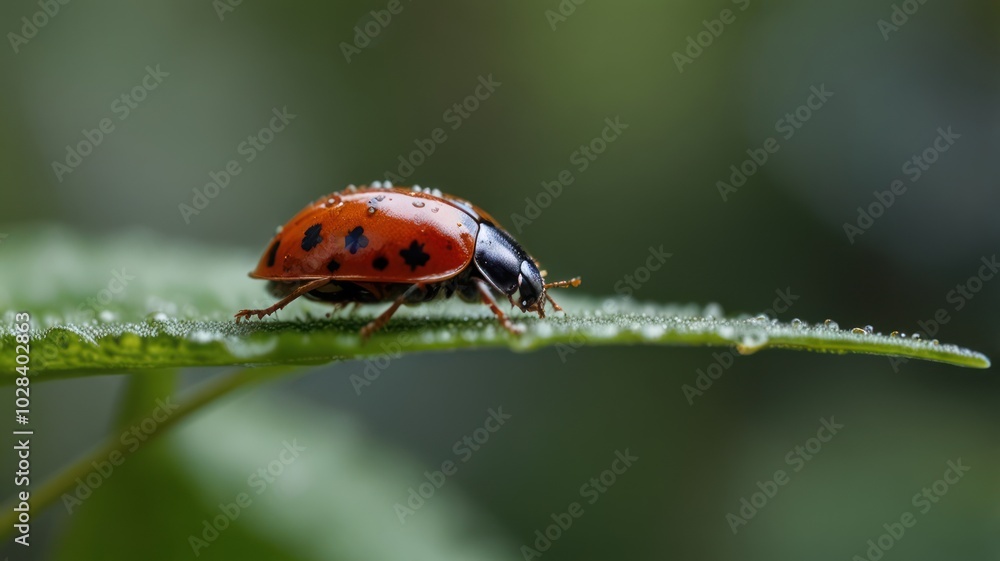 Fototapeta premium A ladybug with dew drops on its back crawls across a green leaf.