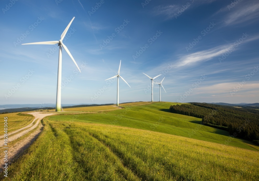 Wind turbines on scenic green hills under clear blue sky Wind turbines on scenic green hills under clear blue sky