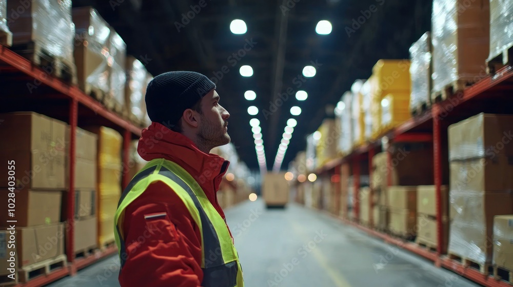 A worker dispatching a delivery truck from a warehouse, illustrating logistics and transportation A worker dispatching a delivery truck from a warehouse, illustrating logistics and transportation