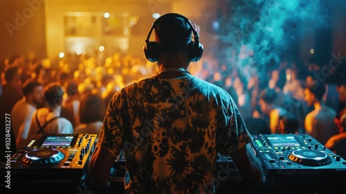 A DJ spinning tracks at a packed dancehall, with partygoers enjoying the rhythm and atmosphere late into the night photo