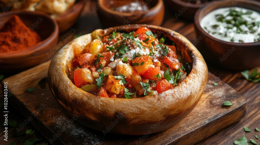 Bunny Chow, Durban street food dish, colorful ingredients and rich spices, served in hollowed-out bread Bunny Chow, Durban street food dish, colorful ingredients and rich spices, served in hollowed-out bread