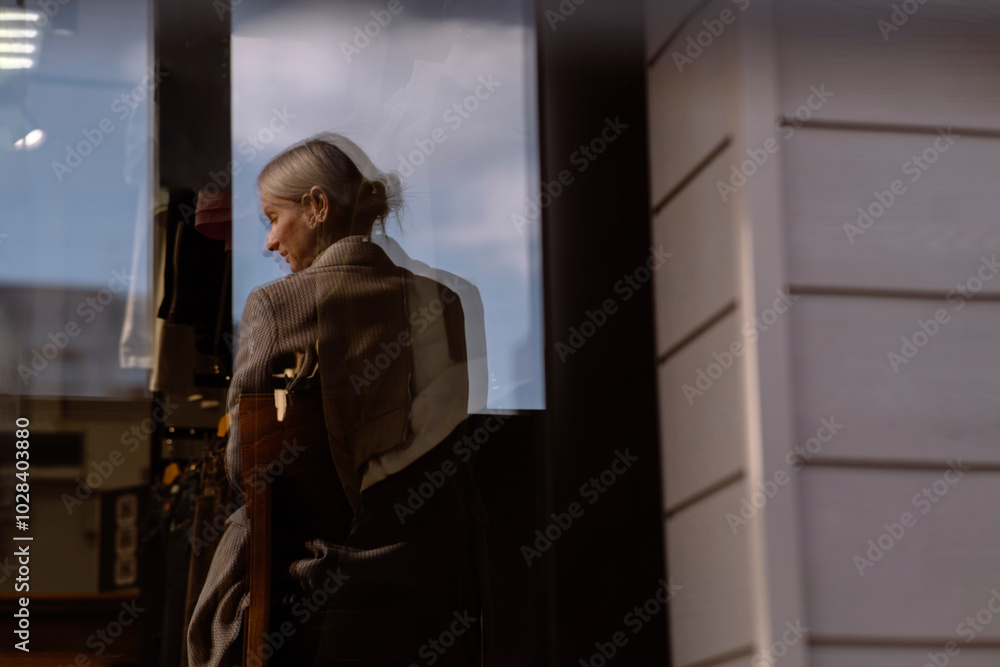 Reflection of businesswoman sitting outside cafe Reflection of businesswoman sitting outside cafe