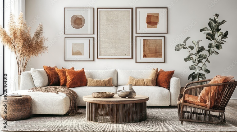 Fototapeta premium 6 empty frames gallery wall set mock up modern living room with minimalist boho decor