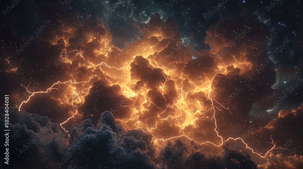 A dramatic display of fiery clouds illuminated by lightning in a cosmic setting. A dramatic display of fiery clouds illuminated by lightning in a cosmic setting.