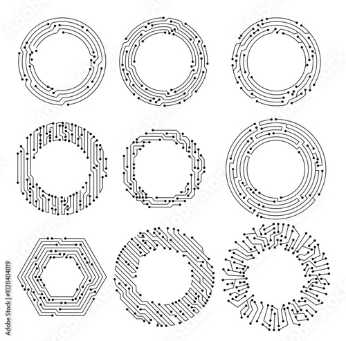 Obraz na płótnie Circuit board circle frames. Abstract digital round frame, hardware board and electronic motherboard pattern vector set. Programming science, computer system elements w salonie