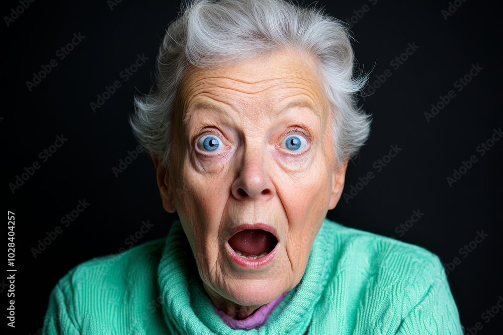 Woman with blue eyes and a surprised expression. Concept of surprise, wonder. elderly woman with an open mouth, raised eyebrow, standing in a frontal view, wearing green outfit against dark background Woman with blue eyes and a surprised expression. Concept of surprise, wonder. elderly woman with an open mouth, raised eyebrow, standing in a frontal view, wearing green outfit against dark background