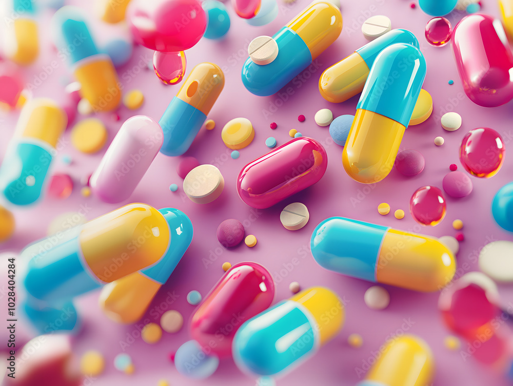 3d background with colorfull pills capsules and tablets. Healthcare and medical pharmacy 3d background with colorfull pills capsules and tablets. Healthcare and medical pharmacy