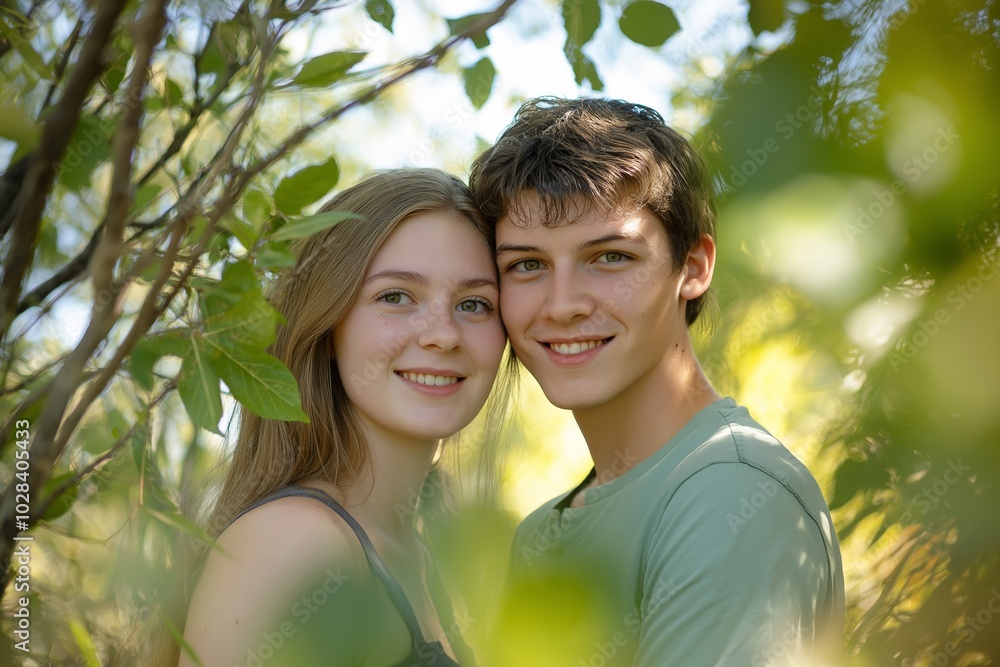 Naklejka premium A young man and woman are hugging in a forest. Scene is warm and affectionate