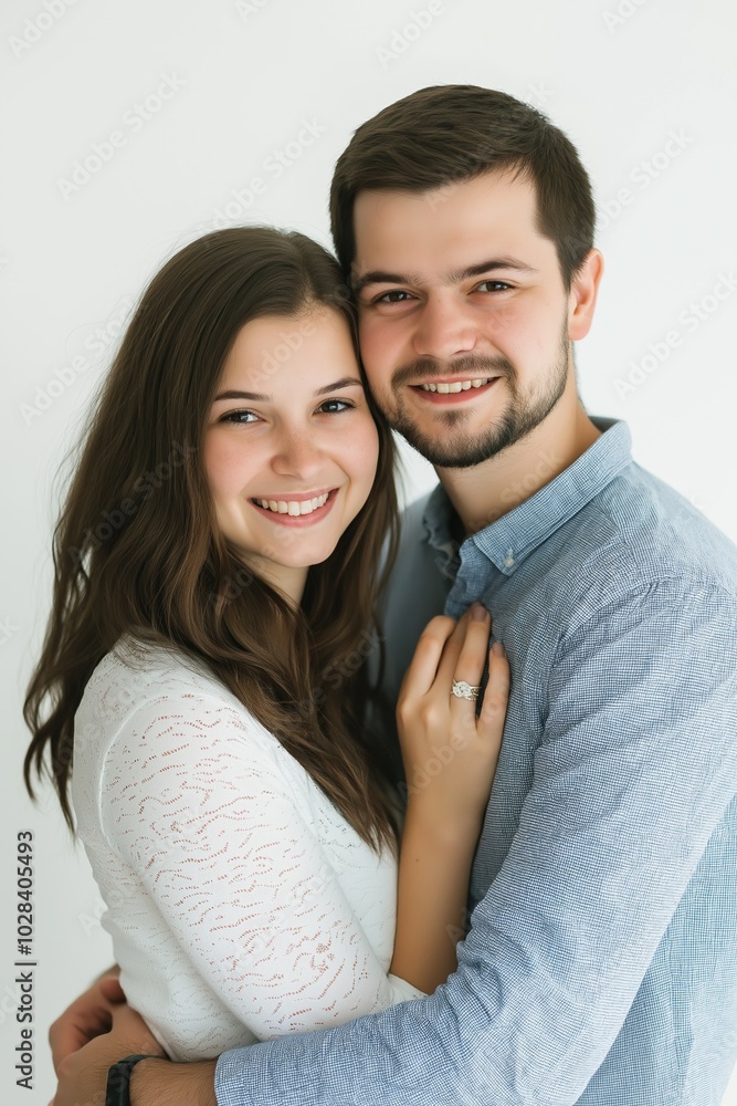 A young couple is hugging each other with a ring on the man's finger. The woman is smiling and the man is looking at the camera. Concept of love and happiness between the two people A young couple is hugging each other with a ring on the man's finger. The woman is smiling and the man is looking at the camera. Concept of love and happiness between the two people