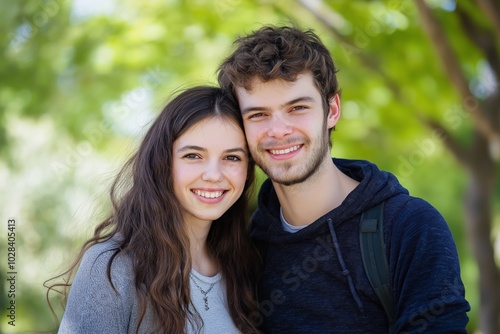 A young man and woman are smiling for the camera. The man is wearing a black hoodie and the woman is wearing a gray sweater. They are standing in a park with trees in the background