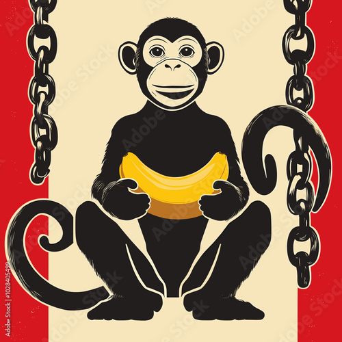 Bold illustration of a monkey holding a banana, framed by heavy chains on both sides, symbolizing confinement and contrast with playful imagery in vibrant colors