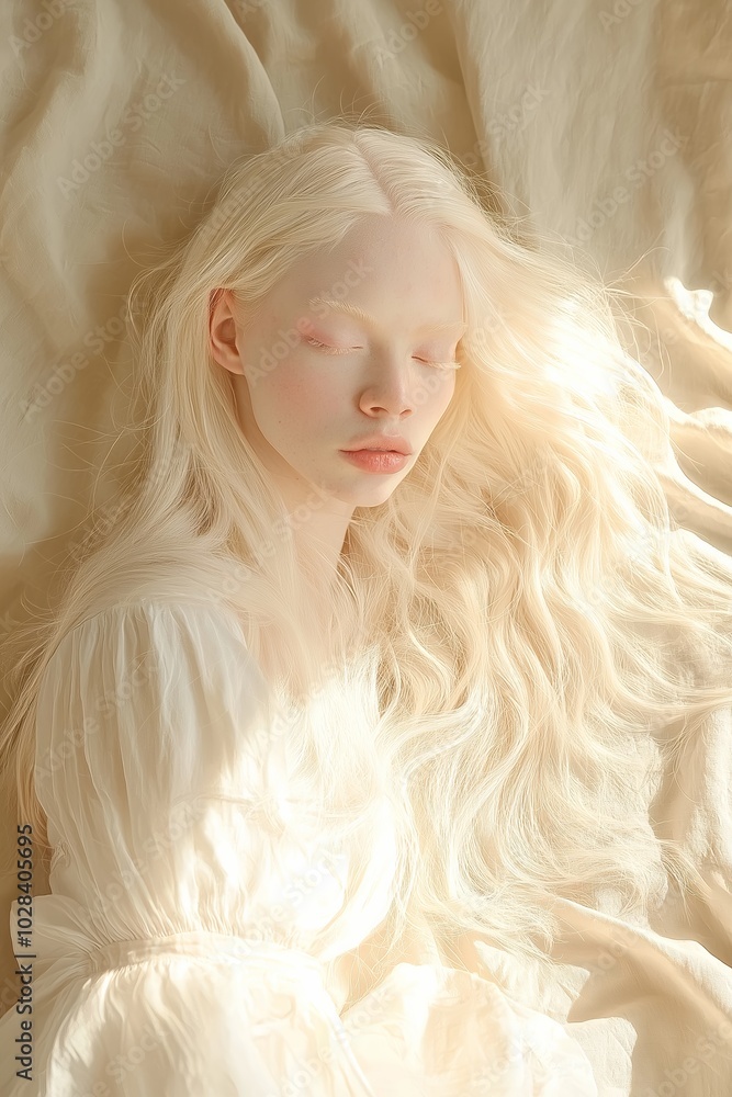 A woman with blonde hair and white makeup is lying on a bed. The image has a dreamy, ethereal quality to it, with the woman's hair flowing and her eyes closed. Scene is one of relaxation A woman with blonde hair and white makeup is lying on a bed. The image has a dreamy, ethereal quality to it, with the woman's hair flowing and her eyes closed. Scene is one of relaxation