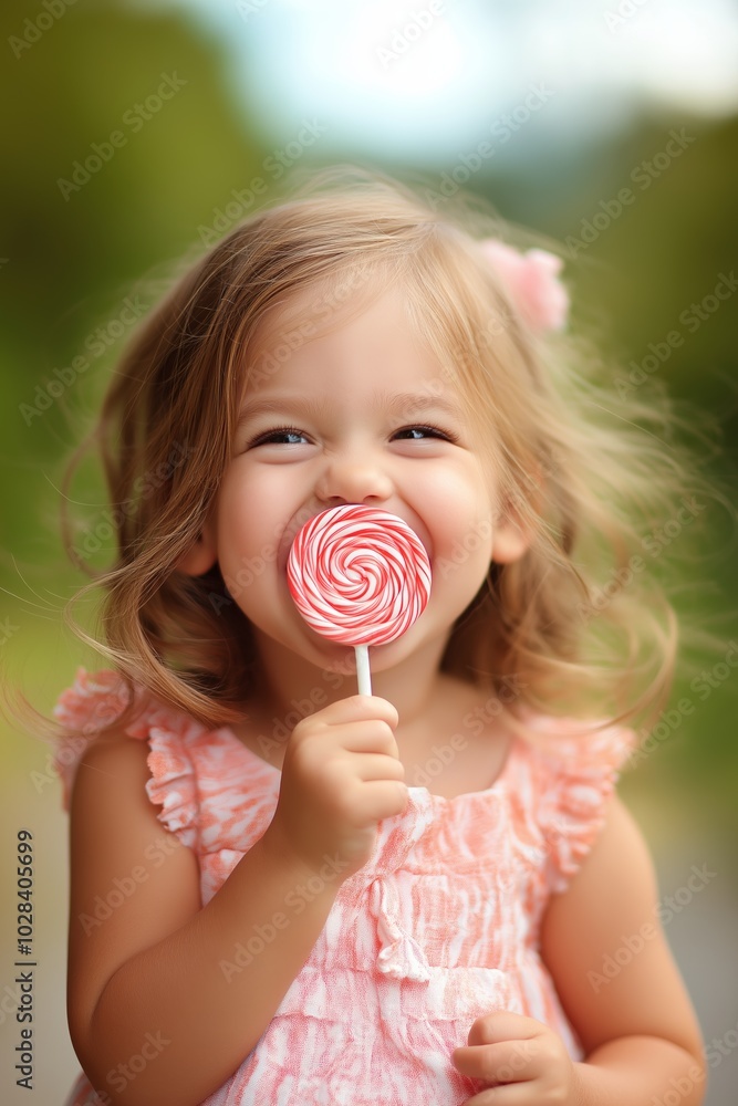 A young girl is holding a red lollipop and smiling. Concept of innocence and joy, as the child is enjoying a simple pleasure A young girl is holding a red lollipop and smiling. Concept of innocence and joy, as the child is enjoying a simple pleasure