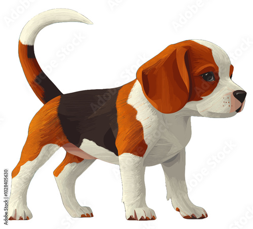 Charming illustration of a beagle puppy with brown, white, and black markings, standing with a curious expression and wagging tail, exuding playfulness and innocence