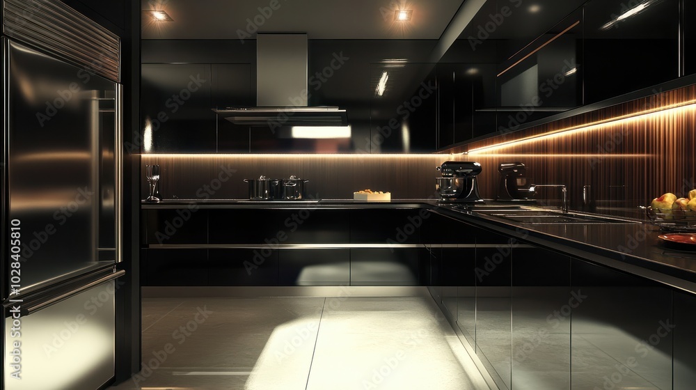 Fototapeta premium A contemporary kitchen with matte black cabinets