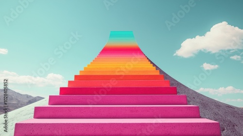 A long staircase leading up into the sky, with each step highlighted in a different color, the journey to success and the milestones that mark progress