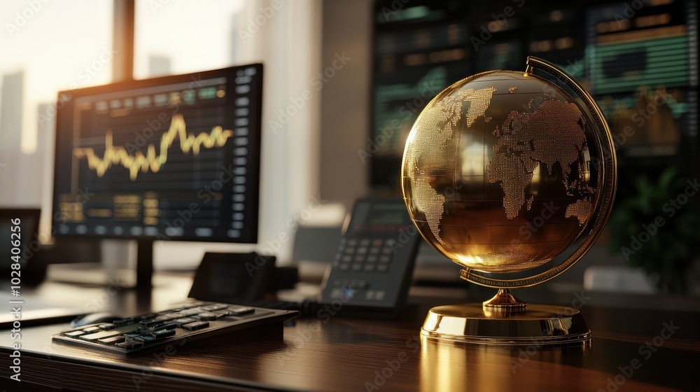 A golden globe sits on a financial trading desk, representing global finance, economic power, and international markets in a business environment. A golden globe sits on a financial trading desk, representing global finance, economic power, and international markets in a business environment.