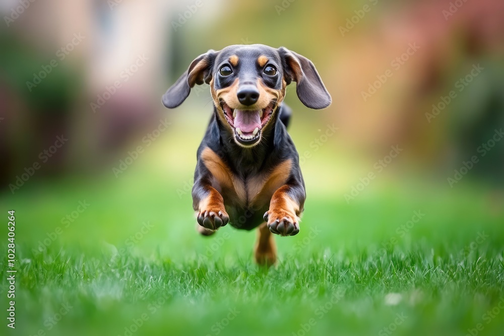 A dachshund dog with tongue out running on green lawn towards the camera A dachshund dog with tongue out running on green lawn towards the camera