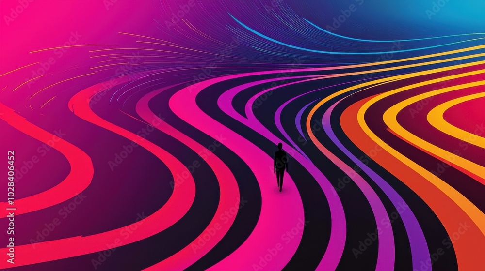 A maze of colored lines and data points, with a person navigating through, reaching highlighted KPIs along the path, progress and goal achievement A maze of colored lines and data points, with a person navigating through, reaching highlighted KPIs along the path, progress and goal achievement