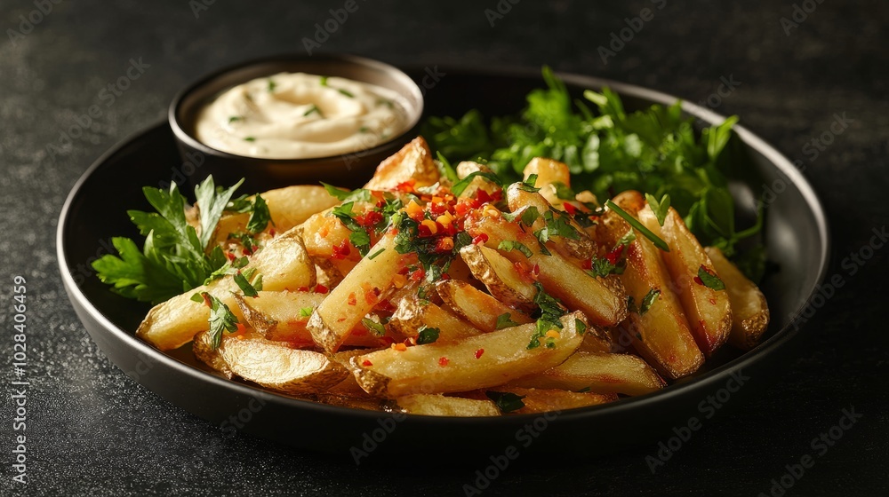 Fries with aioli and a hint of chili flakes, displayed on a black ceramic plate with side herbs and garnish Fries with aioli and a hint of chili flakes, displayed on a black ceramic plate with side herbs and garnish