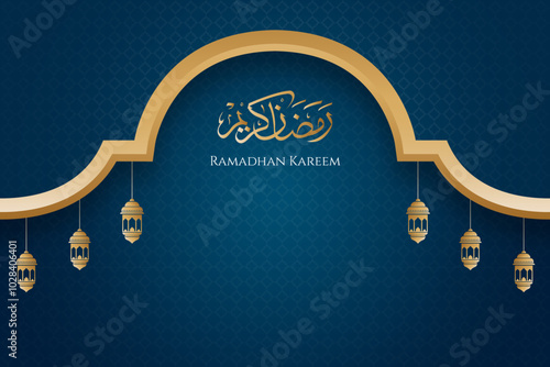 Islamic background ramadan banner landscape dark blue with gold lines