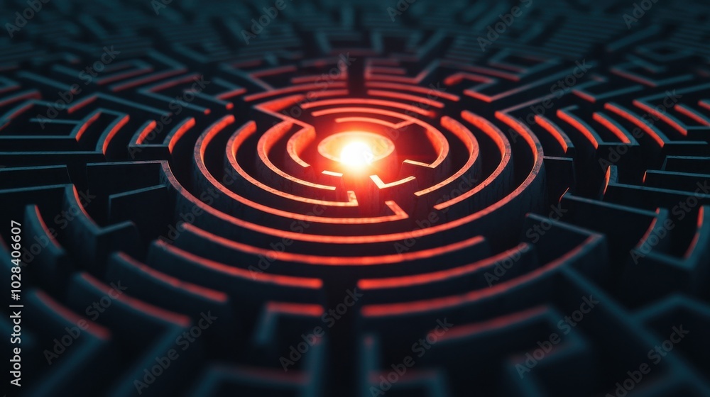 A maze with a bright light at the center, finding solutions in the midst of a crisis, with intricate paths representing the complexity of crisis management A maze with a bright light at the center, finding solutions in the midst of a crisis, with intricate paths representing the complexity of crisis management