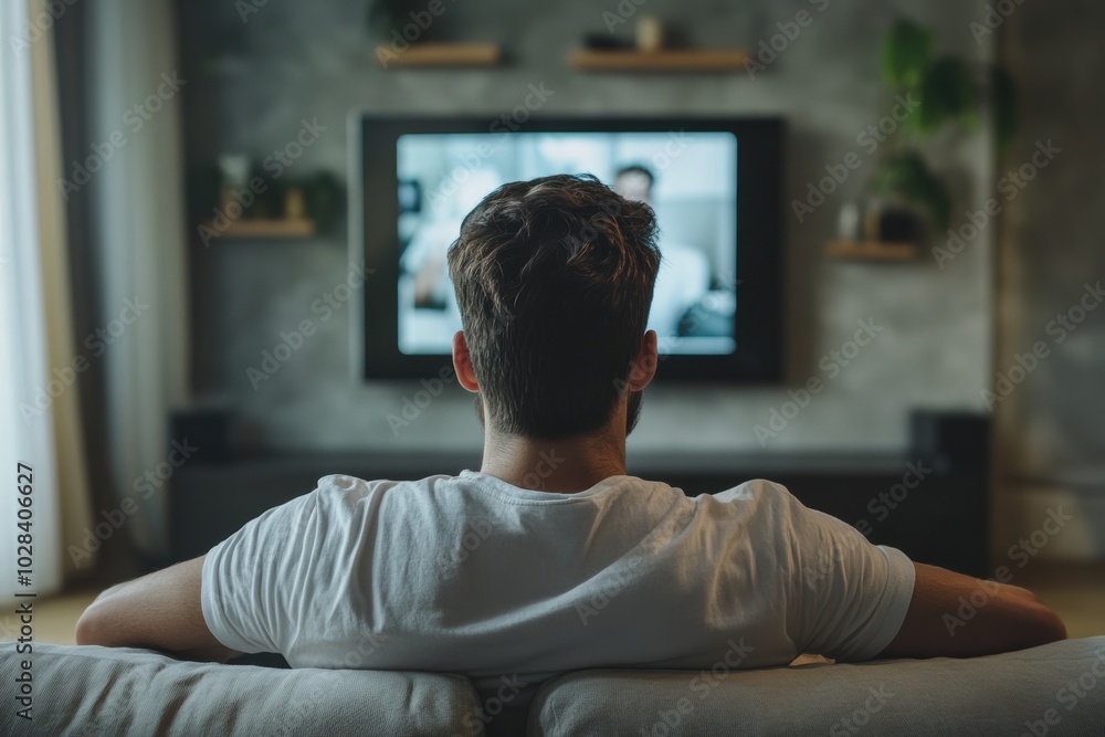 Young Handsome Man Sitting in Relaxed Pose on a Sofa and Watching TV