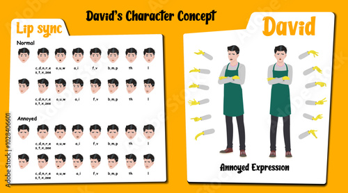 An annoyed housekeeper cartoon character AKA David. Annoyed face expressions and lip sync. Set of caretaker with various hand gesture and front and 1/3 standing poses.
