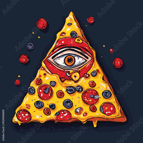 Flat vector pizza slice in a shape of a pyramid with an eye symbolizing a conspiracy theory
