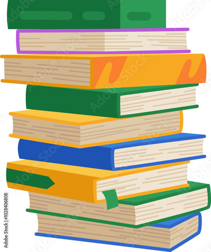 High book stacks or pile. Library textbooks and school literature heaps, dictionaries. Bookstore advertise. Cartoon stacked books angle view with different colorful covers isolated on white