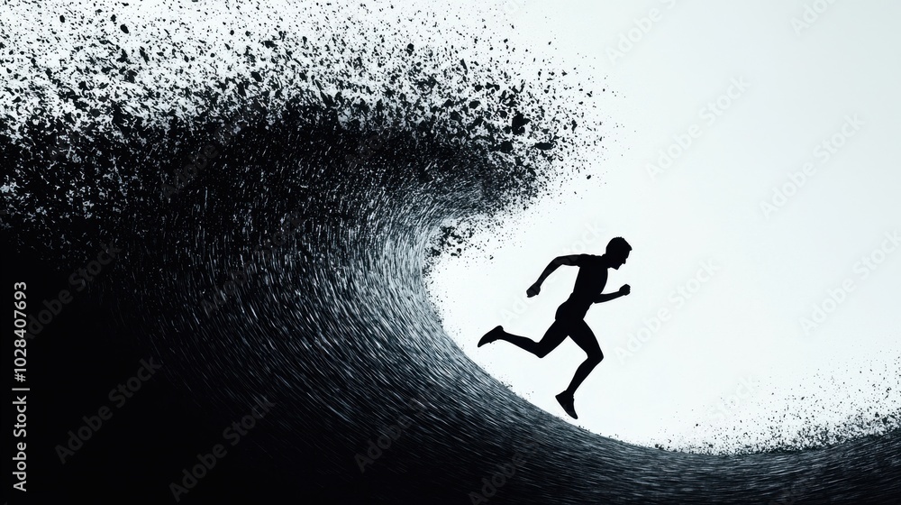 A person running ahead of a shadowy wave of challenges and obstacles, proactive foresight and action to stay ahead of potential problems A person running ahead of a shadowy wave of challenges and obstacles, proactive foresight and action to stay ahead of potential problems