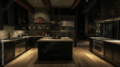 a modern kitchen with black cabinets and stainless-steel appliances and a large island counter