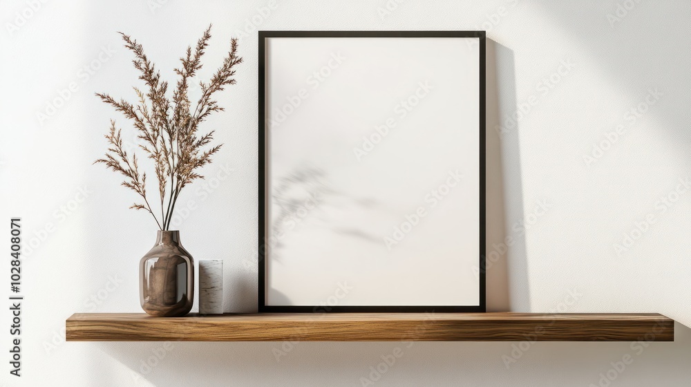 A modern living room with a white wall and a wooden shelf. There is a square empty mock-up poster frame on the shelf. A modern living room with a white wall and a wooden shelf. There is a square empty mock-up poster frame on the shelf.