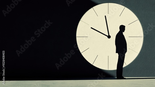 A person, shadow being cast by a giant clock, showing the looming pressure and influence of deadlines on everyday life