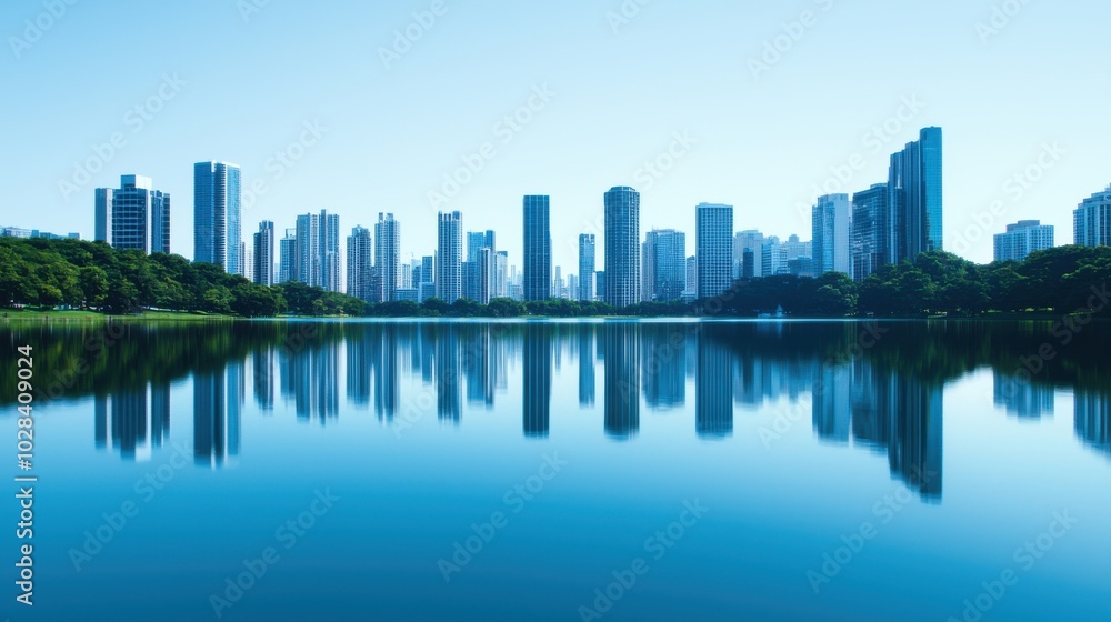A serene lake reflecting abstract skyscrapers and trees, representing balance and tranquility between professional success and personal satisfaction A serene lake reflecting abstract skyscrapers and trees, representing balance and tranquility between professional success and personal satisfaction