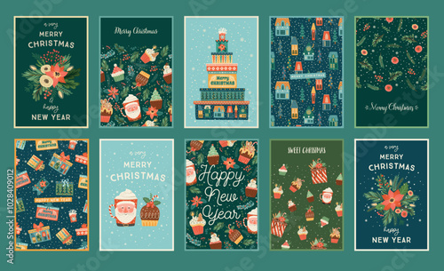 Set of Christmas and Happy New Year cards. Cute bright illustrations witn New Year symbols.. Vector templates.