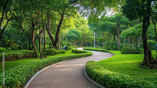 Fototapeta Naklejka Na Ścianę i Meble -  a circular pathway in a park surrounded by lush greenery, symbolizing nature and tranquility