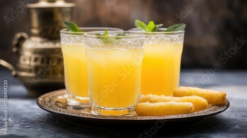 Indian refreshing drink with pakoda, vadapav, fried chilies, arranged on a traditional plate