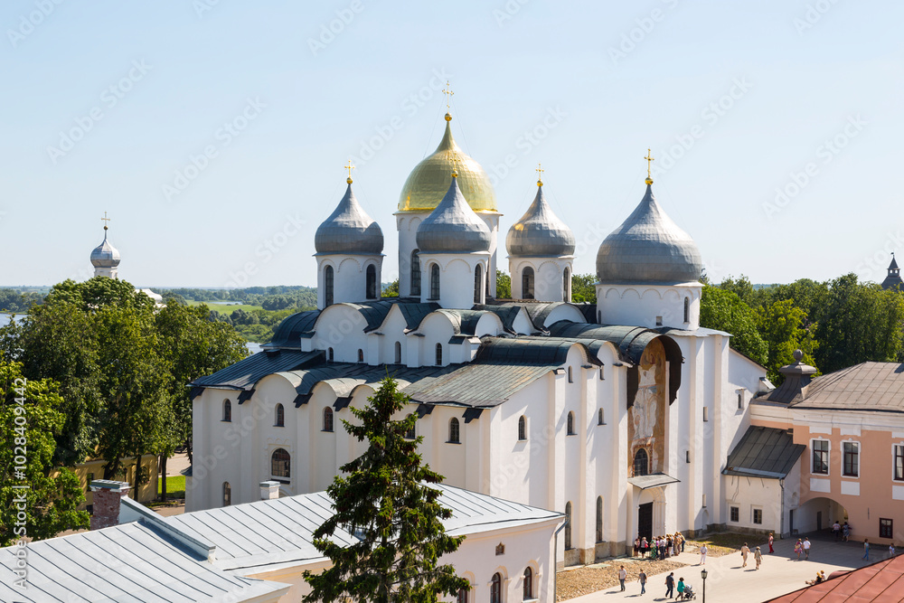 Obraz premium Top view of St. Sophia Cathedral in the Kremlin of Veliky Novgorod. Russia