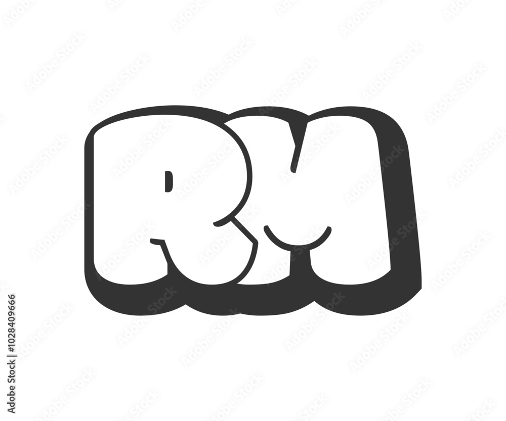 RM logo, bubble comic lettering, rounded in graffiti style black and white silhouette. Trendy preschool R and M letter text for festival party, personal initials, children funky print and web. RM logo, bubble comic lettering, rounded in graffiti style black and white silhouette. Trendy preschool R and M letter text for festival party, personal initials, children funky print and web.