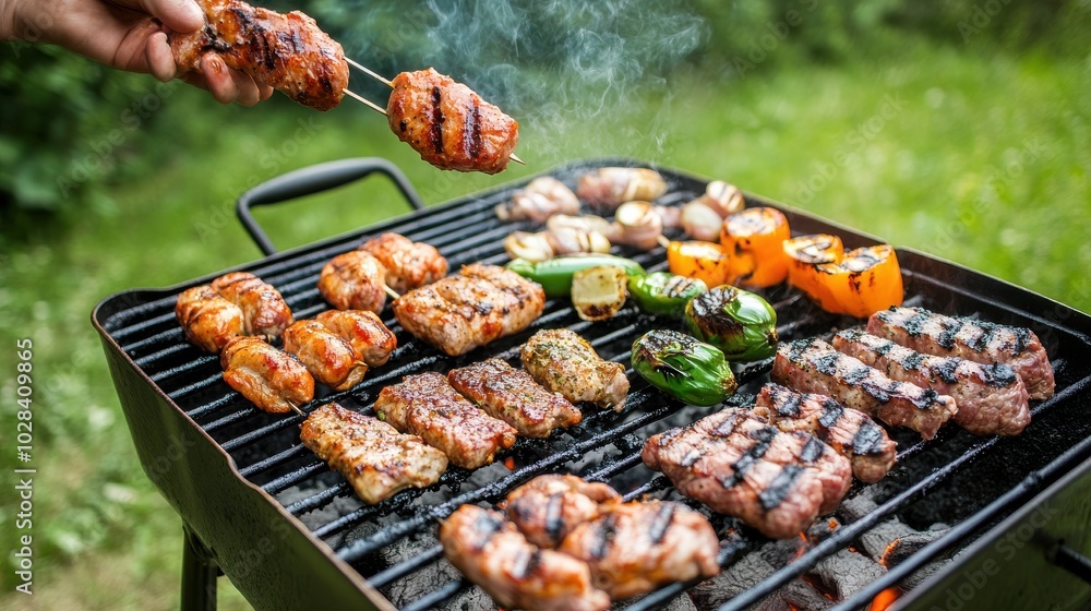Man frying various pieces of meat on the grill, well seasoned, multiple grill layers, smoky ambiance Man frying various pieces of meat on the grill, well seasoned, multiple grill layers, smoky ambiance