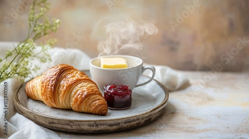 Freshly baked croissant with butter and jam on a rustic plate.