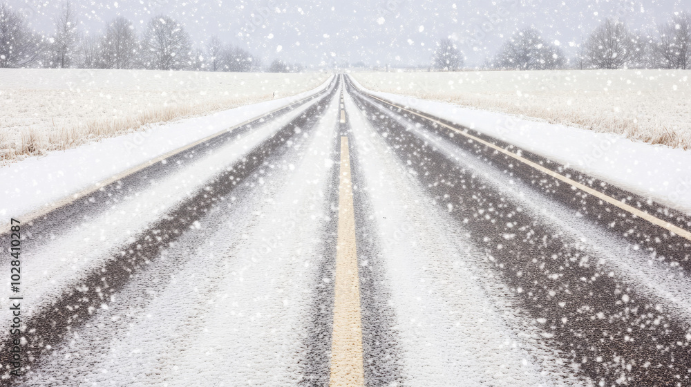 Naklejka premium Snow-Covered Fields and Pristine Road Under Pale Gray Skies