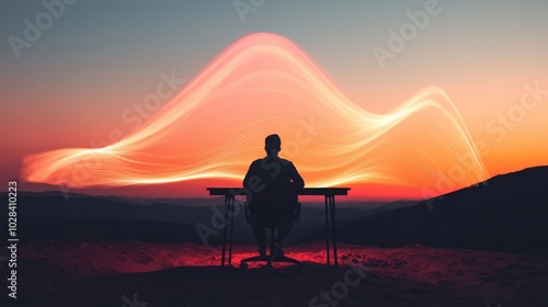 A silhouette of a person sitting at a desk with abstract waves of light surrounding them, creativity, purpose, and satisfaction in one's work