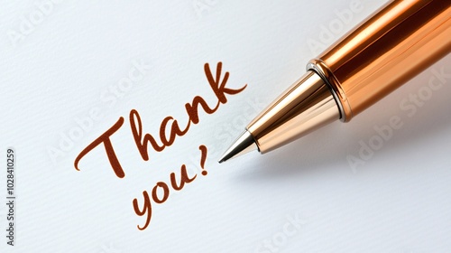 A pen is writing "Thank you!" in elegant script, conveying gratitude and appreciation on a clean, white background.