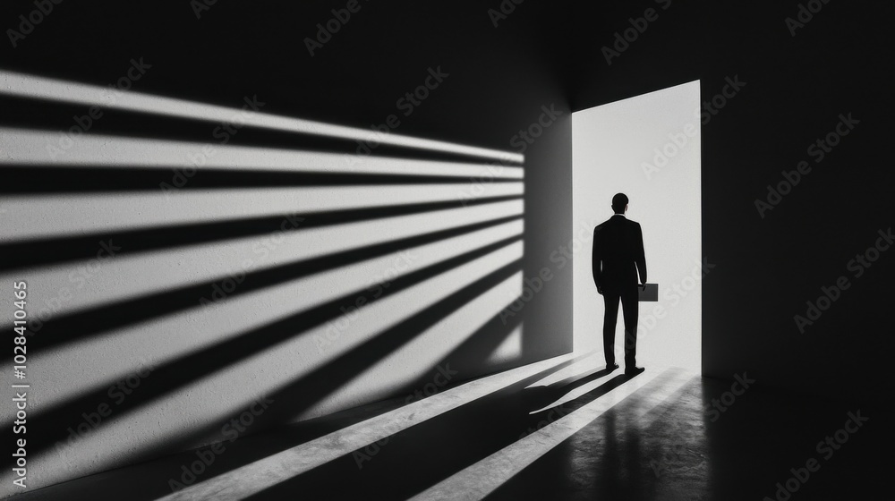 A silhouetted figure standing at the threshold of a door, holding a resume or document, with light rays shining through, representing a new beginning after an exit interview A silhouetted figure standing at the threshold of a door, holding a resume or document, with light rays shining through, representing a new beginning after an exit interview