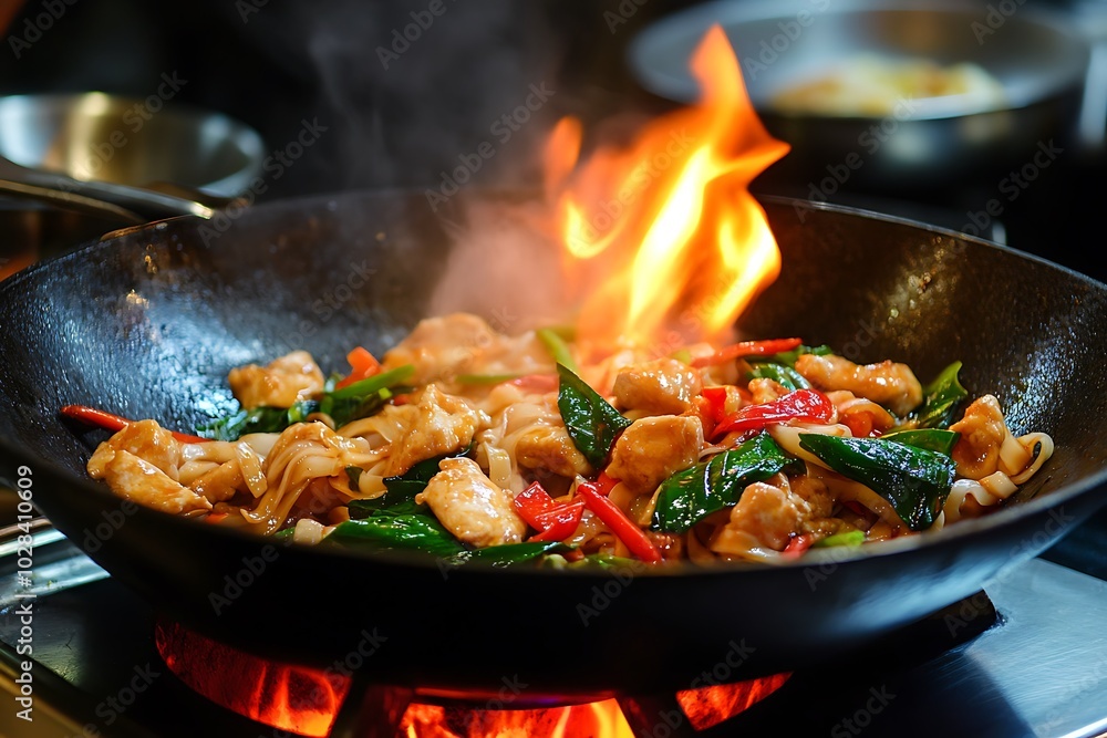 Close-up of a wok with chicken, peppers and noodles cooking on a stovetop with flames. Close-up of a wok with chicken, peppers and noodles cooking on a stovetop with flames.